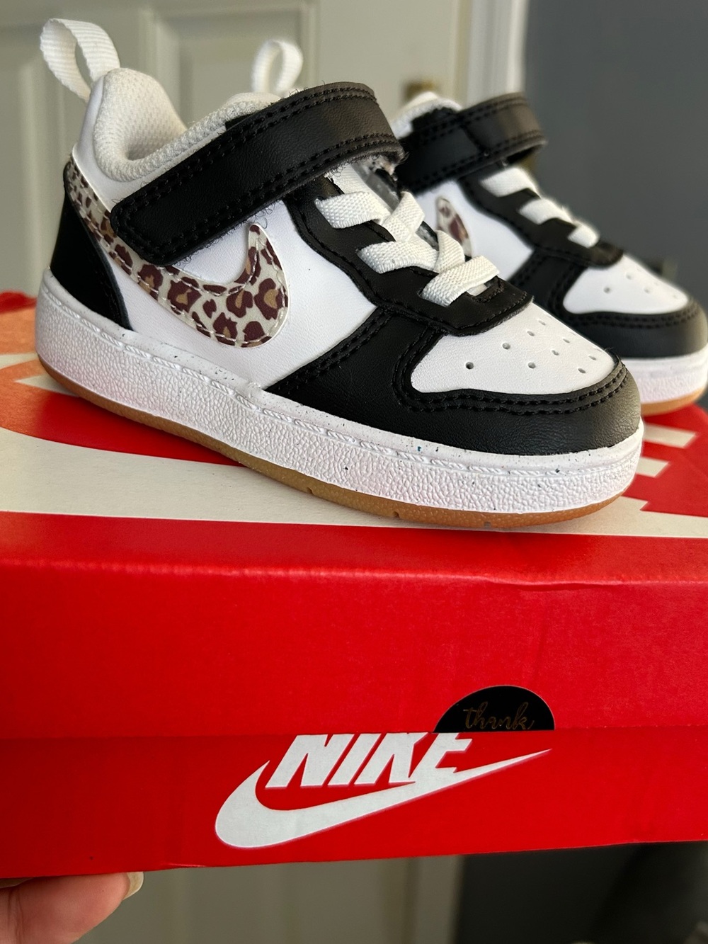 Nike Kids Black & White Sneakers with Leopard Swoosh